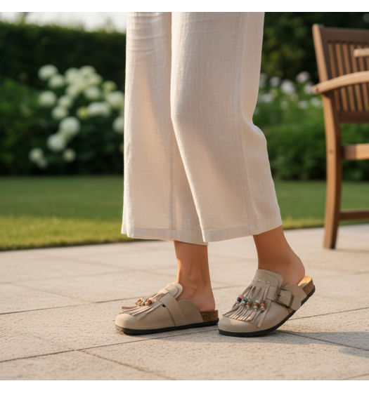 Boho Παντόφλες Suede με Κρόσσια - Μπέζ