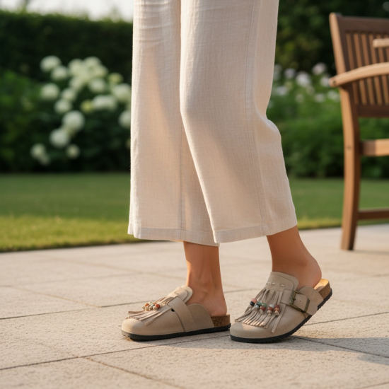 Boho Παντόφλες Suede με Κρόσσια - Μπέζ