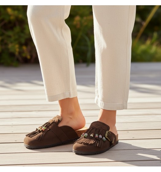 Boho Παντόφλες Suede με Κρόσσια - Καφέ