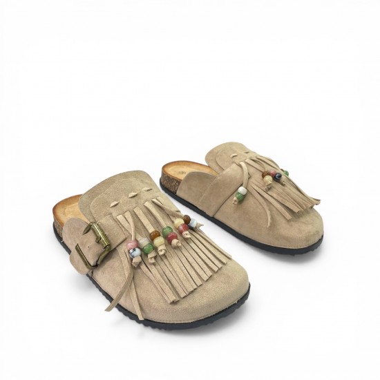Boho Παντόφλες Suede με Κρόσσια - Μπέζ
