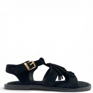Γυναικεία Suede Σανδάλια flat με Κρόσσια και Αγκράφα-Μαύρα