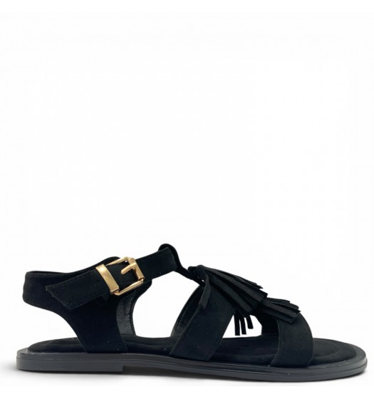 Γυναικεία Suede Σανδάλια flat με Κρόσσια και Αγκράφα-Μαύρα