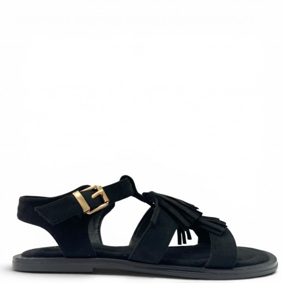 Γυναικεία Suede Σανδάλια flat με Κρόσσια και Αγκράφα-Μαύρα