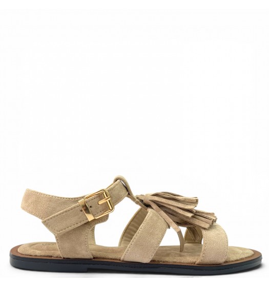 Γυναικεία Suede Σανδάλια flat με Κρόσσια και Αγκράφα-Μπέζ