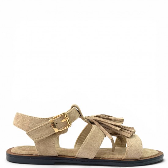 Γυναικεία Suede Σανδάλια flat με Κρόσσια και Αγκράφα-Μπέζ