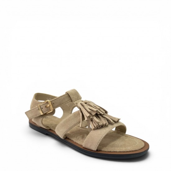 Γυναικεία Suede Σανδάλια flat με Κρόσσια και Αγκράφα-Μπέζ