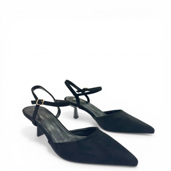 Suede Slingback Γόβες με Μπαρέτα & Kitten Heel-Μαύρο