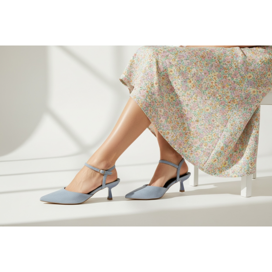 Suede Slingback Γόβες με Μπαρέτα & Kitten Heel-Μπλέ