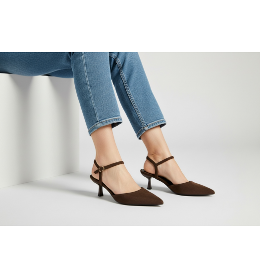 Suede Slingback Γόβες με Μπαρέτα & Kitten Heel-Καφέ