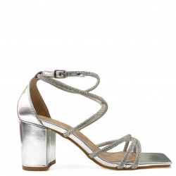 Heeled sandals with rhinestone straps in Silver