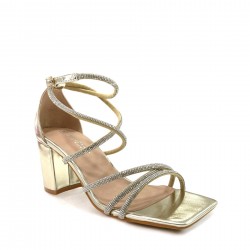 Heeled sandals with rhinestone straps in Gold