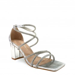 Heeled sandals with rhinestone straps in Silver