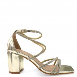 Heeled sandals with rhinestone straps in Gold