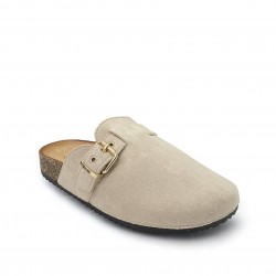 Suede buckled Clogs in Light Beige