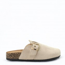 Suede buckled Clogs in Light Beige