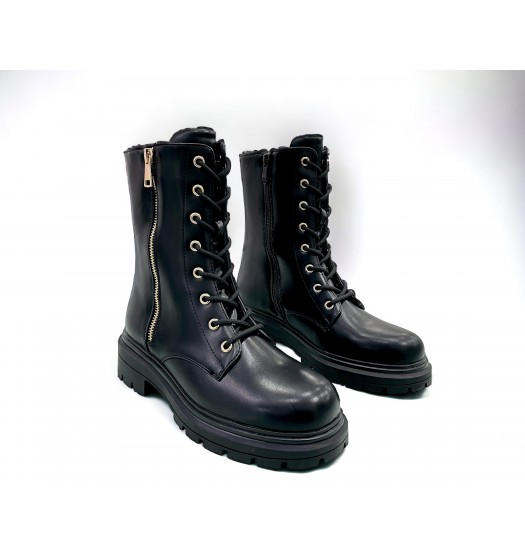 Black Combat boots with decorative zipper