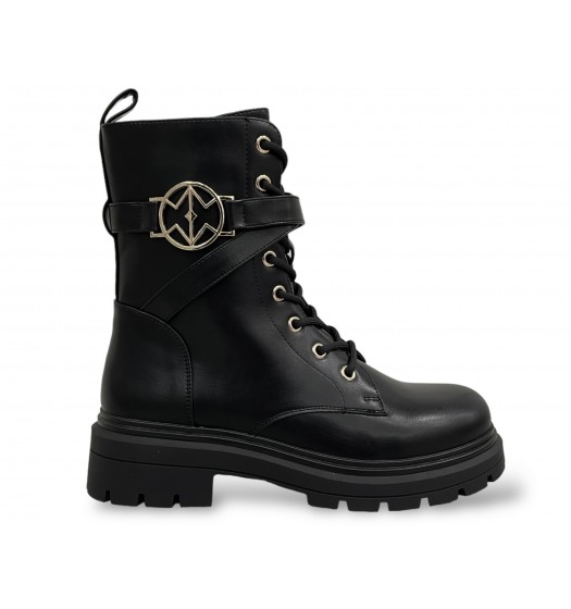 Black combat boots with gold buckle