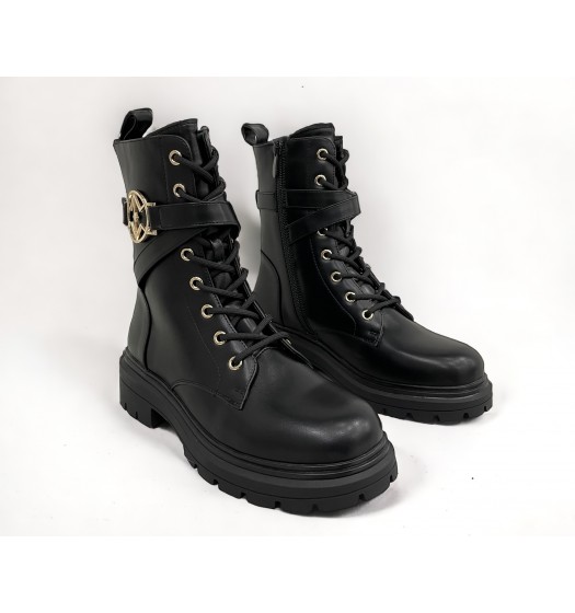 Black combat boots with gold buckle