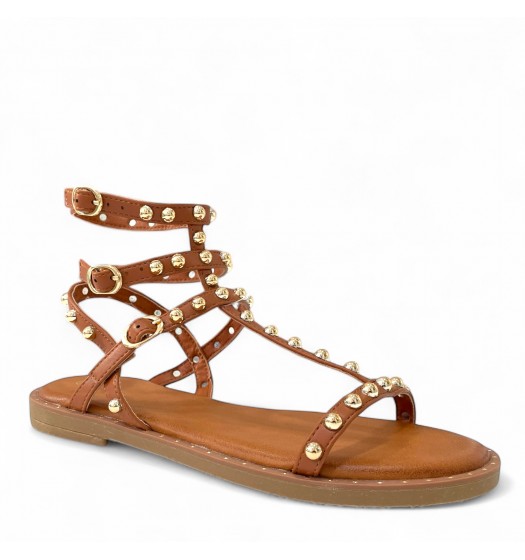 Flat Studded Gladiator sandals in Camel