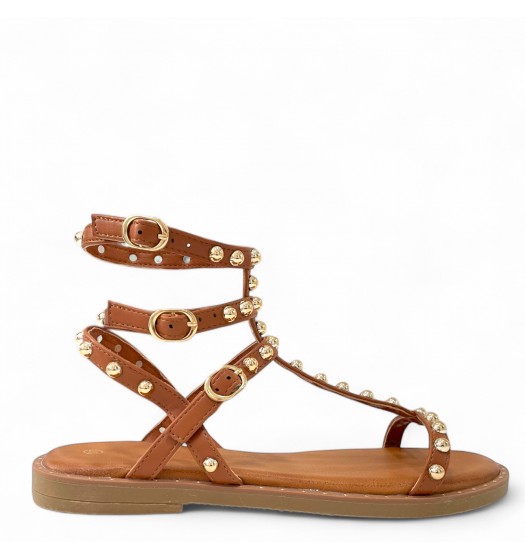 Flat Studded Gladiator sandals in Camel