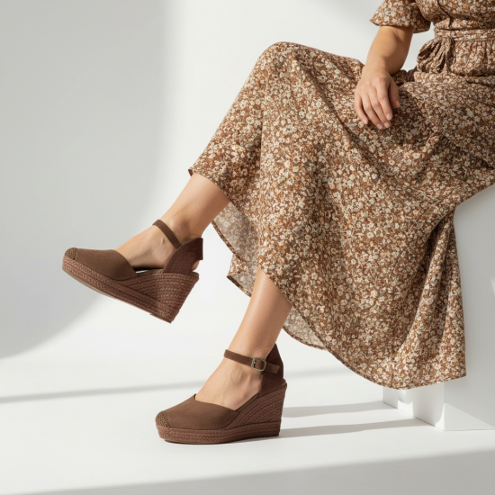 Εσπαντρίγιες Πλατφόρμες με Μπαρέτα και Suede Υφή-Καφέ