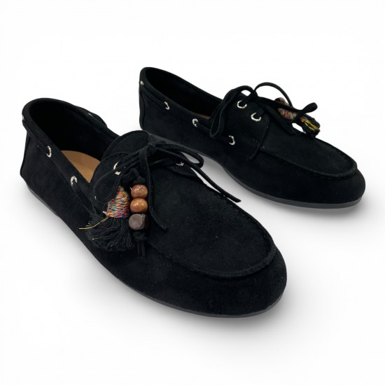 Γυναικεία Suede Μοκασίνια με Ethnic Λεπτομέρειες & Χάντρες – Μαύρο