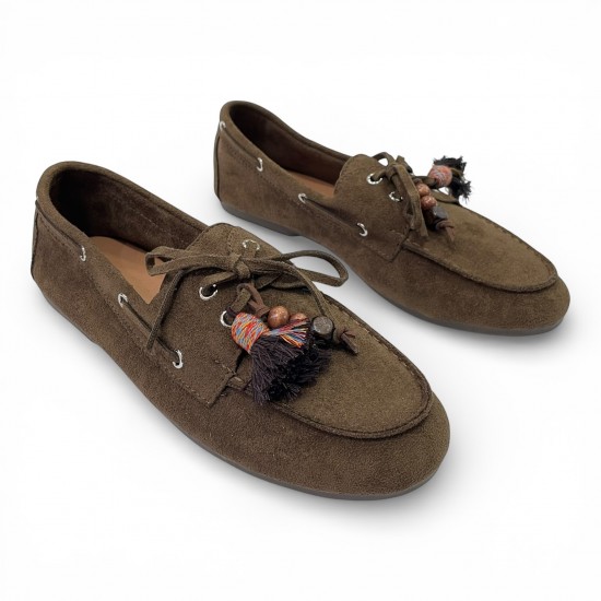 Γυναικεία Suede Μοκασίνια με Ethnic Λεπτομέρειες & Χάντρες – Καφέ