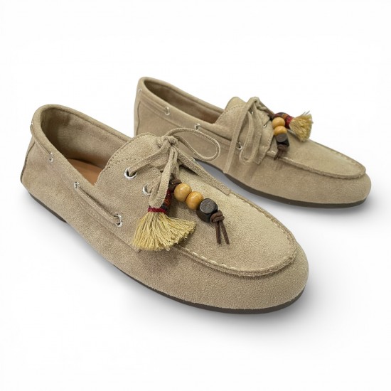 Γυναικεία Suede Μοκασίνια με Ethnic Λεπτομέρειες & Χάντρες – Μπεζ