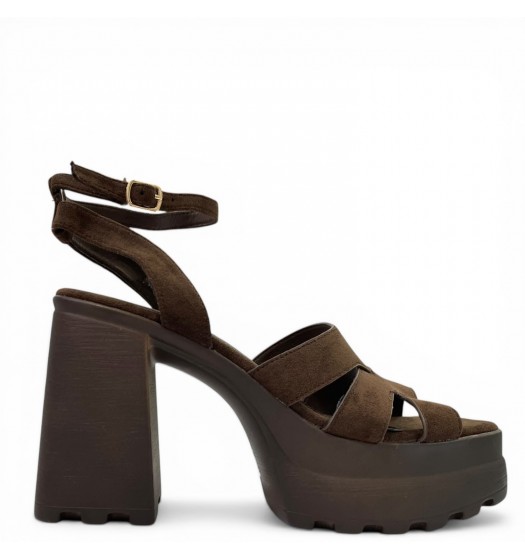 Suede Platform Sandals με Block Heel και Τρακτερωτή Σόλα-Καφέ