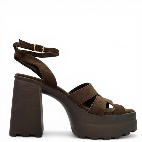 Suede Platform Sandals με Block Heel και Τρακτερωτή Σόλα-Καφέ