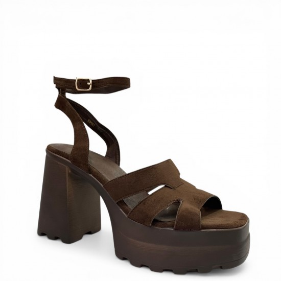 Suede Platform Sandals με Block Heel και Τρακτερωτή Σόλα-Καφέ