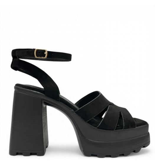 Suede Platform Sandals με Block Heel και Τρακτερωτή Σόλα-Μαύρο