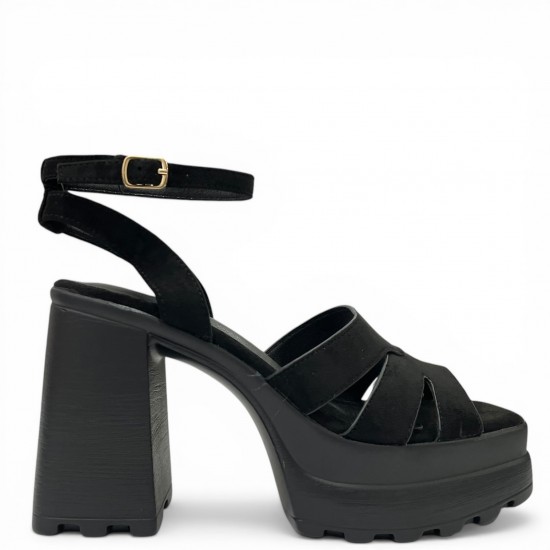 Suede Platform Sandals με Block Heel και Τρακτερωτή Σόλα-Μαύρο