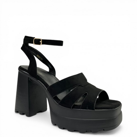 Suede Platform Sandals με Block Heel και Τρακτερωτή Σόλα-Μαύρο