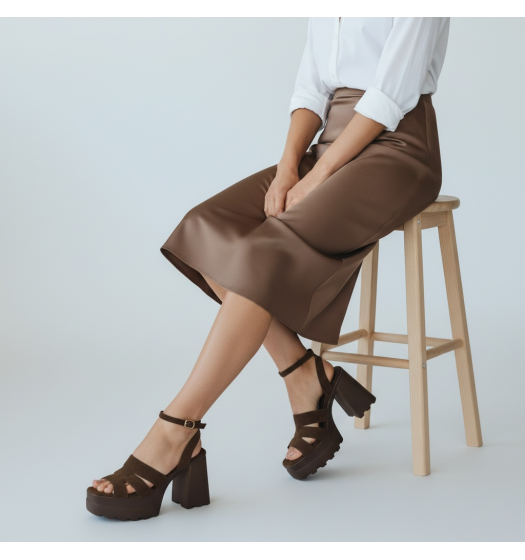 Suede Platform Sandals με Block Heel και Τρακτερωτή Σόλα-Καφέ