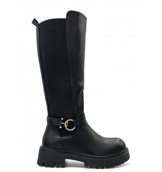 Μαύρη Ψηλή Μπότα  με Τρακτερωτή Σόλα & Χρυσή Πόρπη