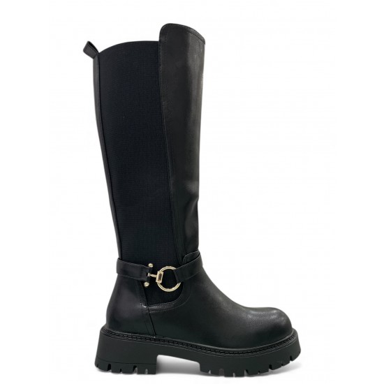 Μαύρη Ψηλή Μπότα  με Τρακτερωτή Σόλα & Χρυσή Πόρπη