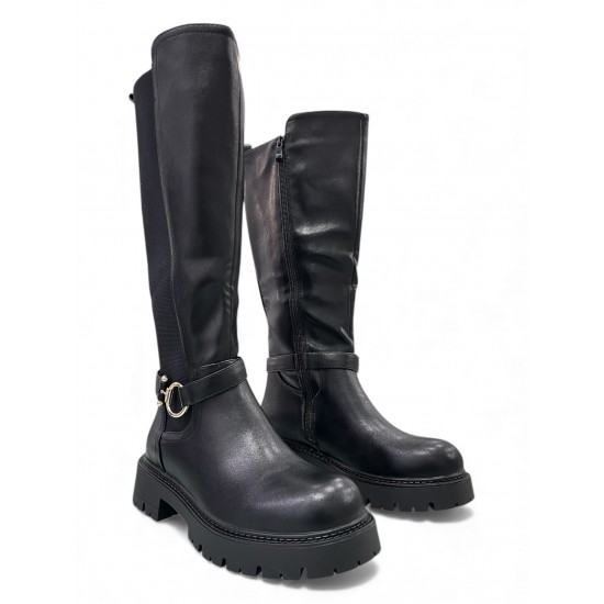 Μαύρη Ψηλή Μπότα  με Τρακτερωτή Σόλα & Χρυσή Πόρπη