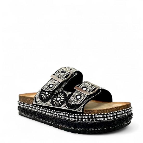 Flatform παντόφλες με boho διακοσμητικά σε Μαύρο