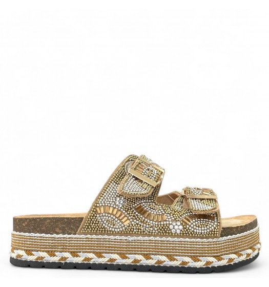 Flatform παντόφλες με boho διακοσμητικά σε Κάμελ
