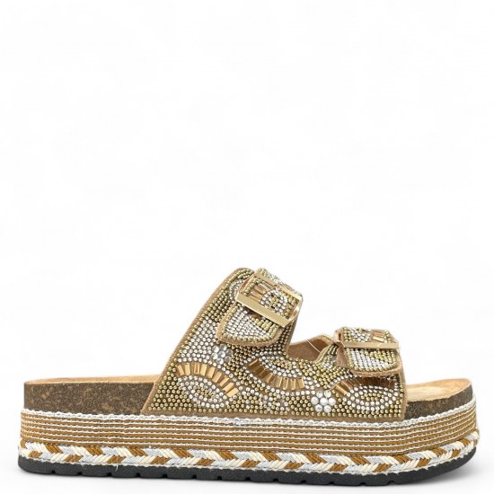 Flatform παντόφλες με boho διακοσμητικά σε Κάμελ