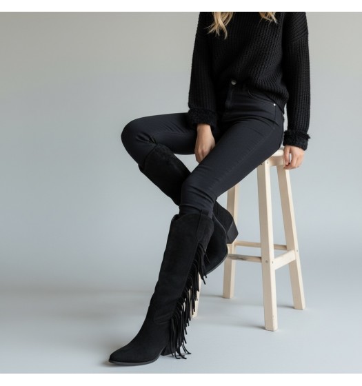 Μπότες Cowboy Suede με Κρόσσια - Μαύρο