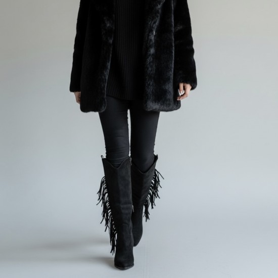 Μπότες Cowboy Suede με Κρόσσια - Μαύρο