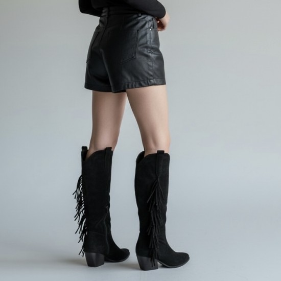 Μπότες Cowboy Suede με Κρόσσια - Μαύρο