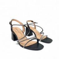 Open heel sandals with rhinestone straps in Black