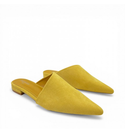 Γυναικεία Suede Mules με Μυτερή Μύτη και Χαμηλό Τακούνι – Κίτρινο