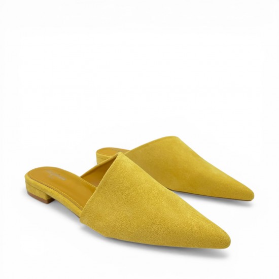 Γυναικεία Suede Mules με Μυτερή Μύτη και Χαμηλό Τακούνι – Κίτρινο