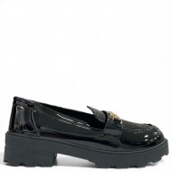 Γυναικεία Loafers Λουστρίνι με Chunky Σόλα και Χρυσή Αλυσίδα - Μαύρο