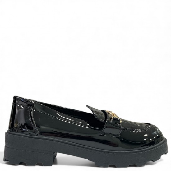 Γυναικεία Loafers Λουστρίνι με Chunky Σόλα και Χρυσή Αλυσίδα - Μαύρο