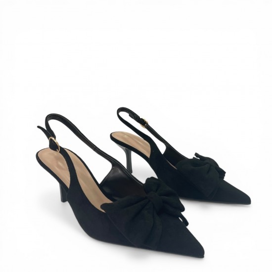 Suede Slingback Γόβες με Μεγάλο Φιόγκο - Μαύρο